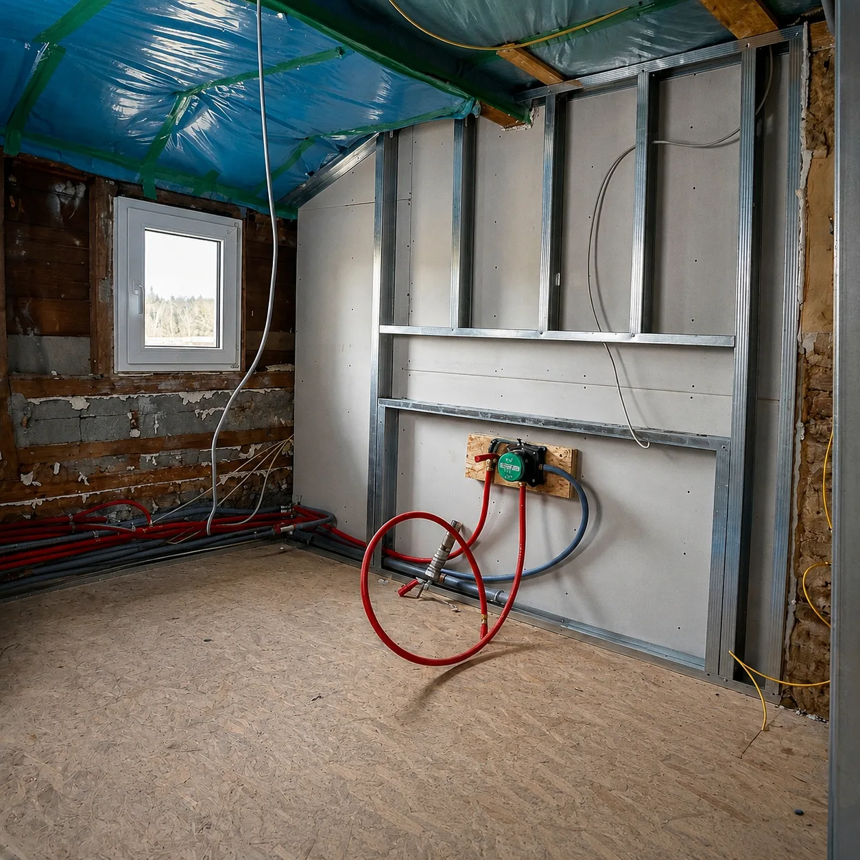 Metallständerwerk und Rohrinstallation im Trockenbau (Vorher)