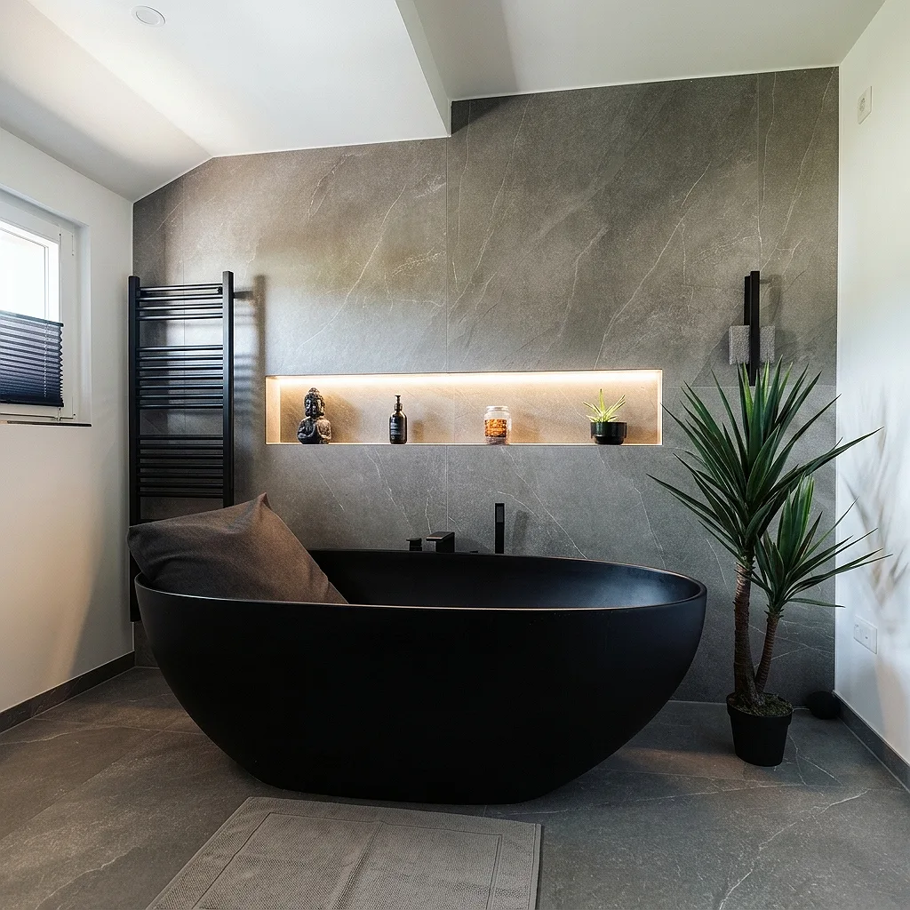 Fertiges Badezimmer mit schwarzer freistehender Badewanne (Nachher)