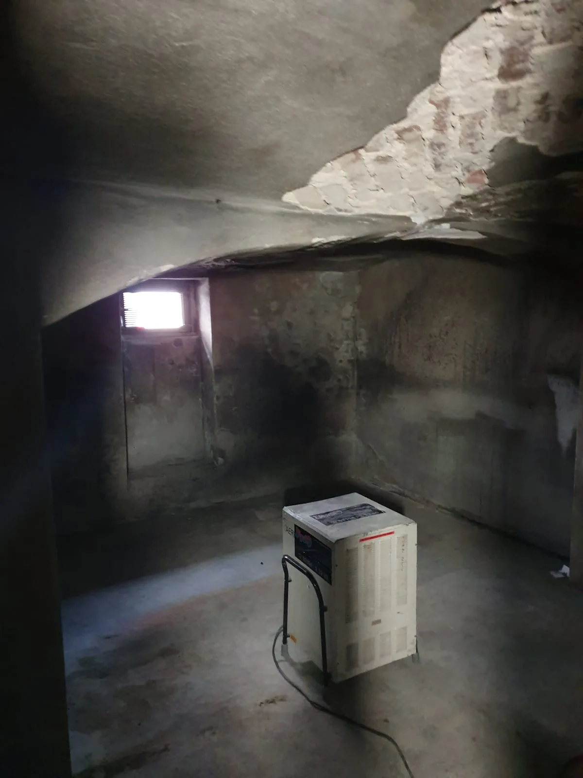 Kellerraum mit Feuchtigkeitsschäden an Wand und Gewölbedecke, im Raum steht ein Bautrockner