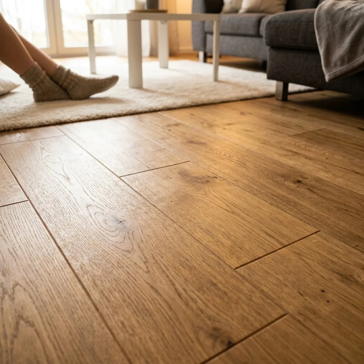 Eichenfarbener Laminatboden in einem Wohnzimmer mit Sofa und Teppich