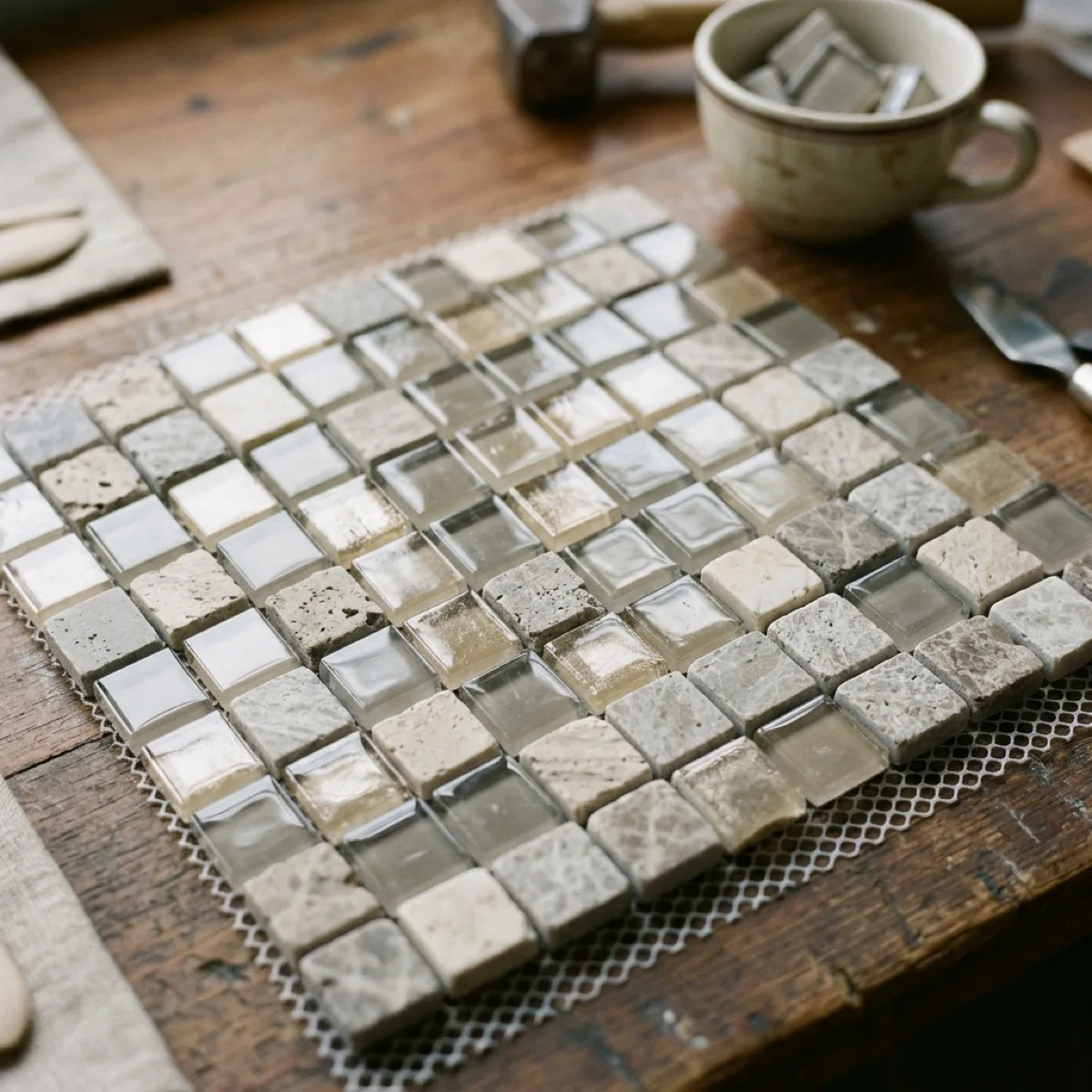 Mosaikmatte aus Glas- und Natursteinsteinchen in Beige- und Grautönen auf einer Holzwerkbank