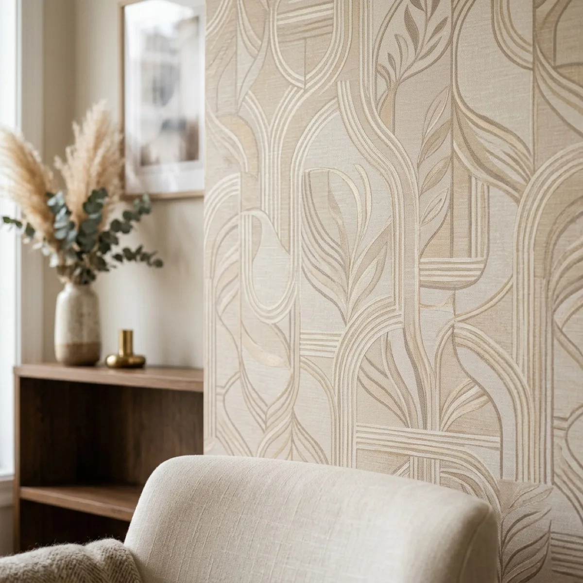 Wand mit beiger Designtapete im Art-déco-Bogenmuster in einem Wohnraum