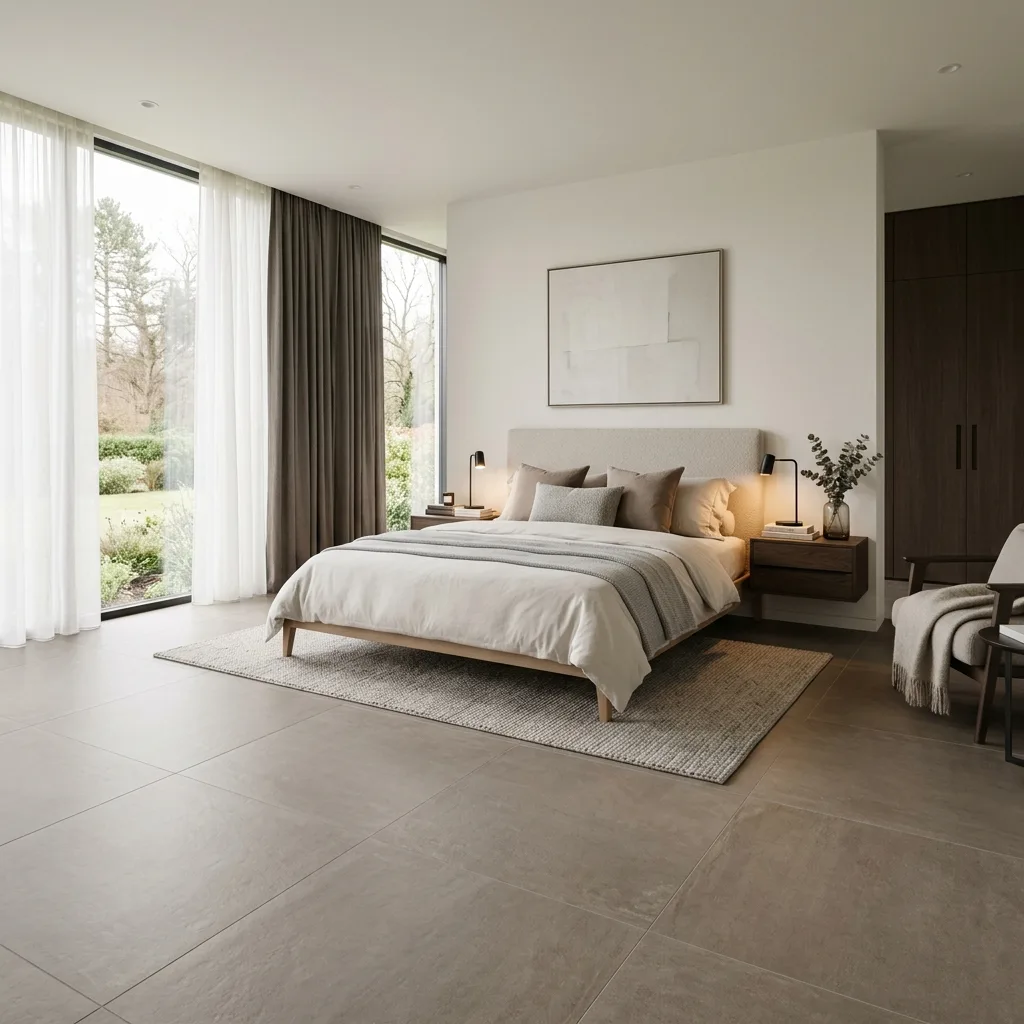 Raumvorschau: Schlafzimmer mit Bodenfliesen Norwich-Taupe